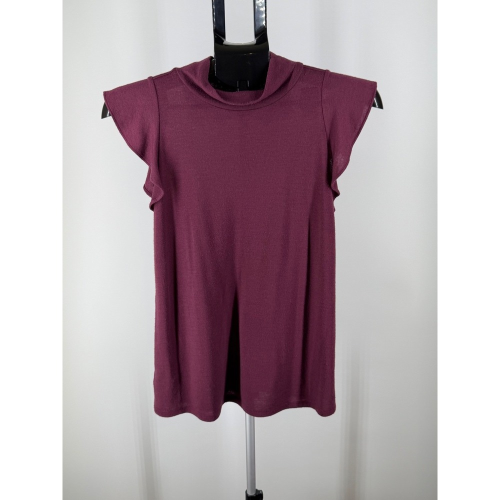 LOFT Womens XS Mock Neck Ruffle Flutter Sleeve Knit Top Burgundy Plum Jersey